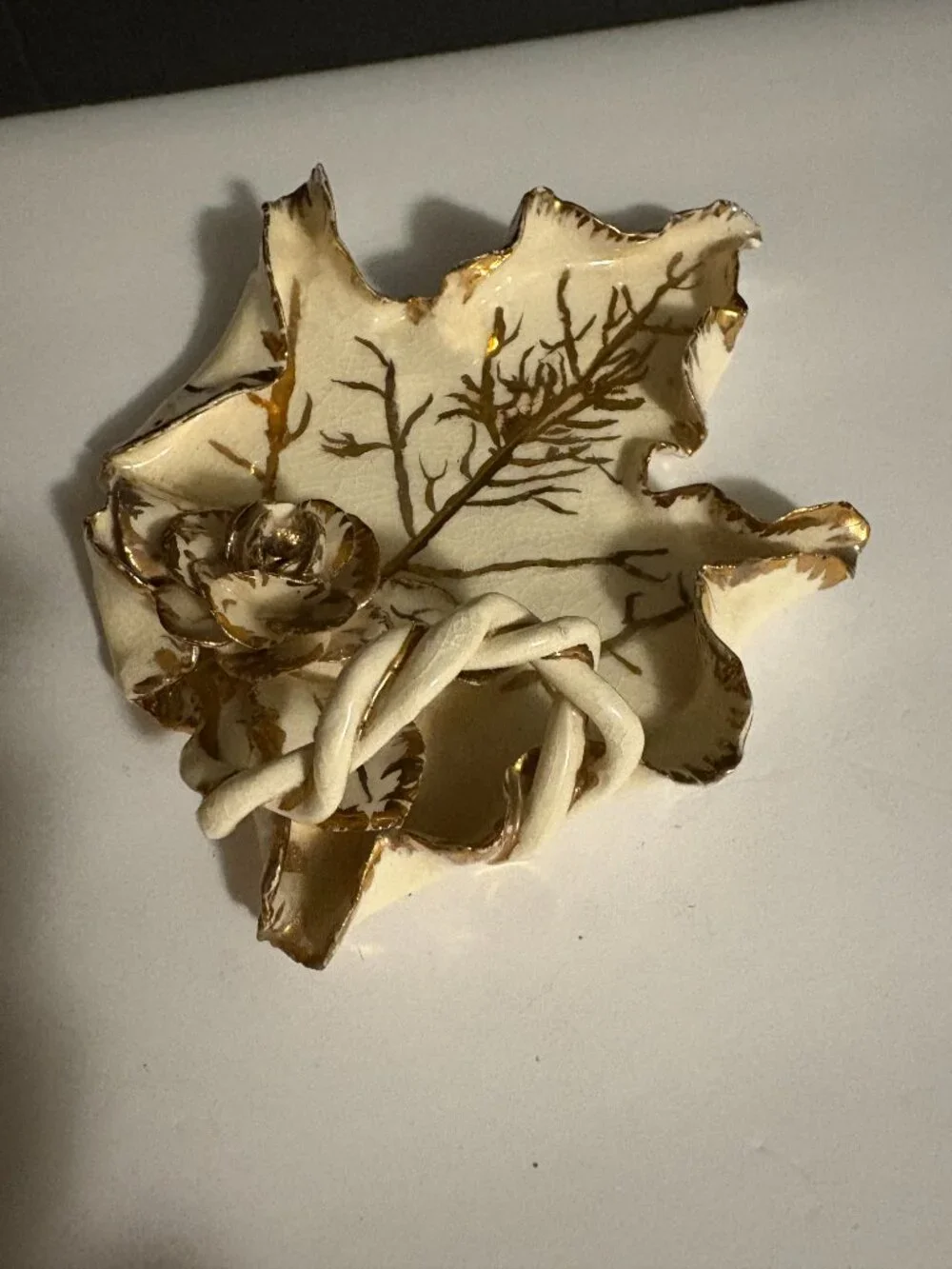 Vintage Porcelain Maple Leaf Trinket Dish w/Gold Trim and Rose Accent